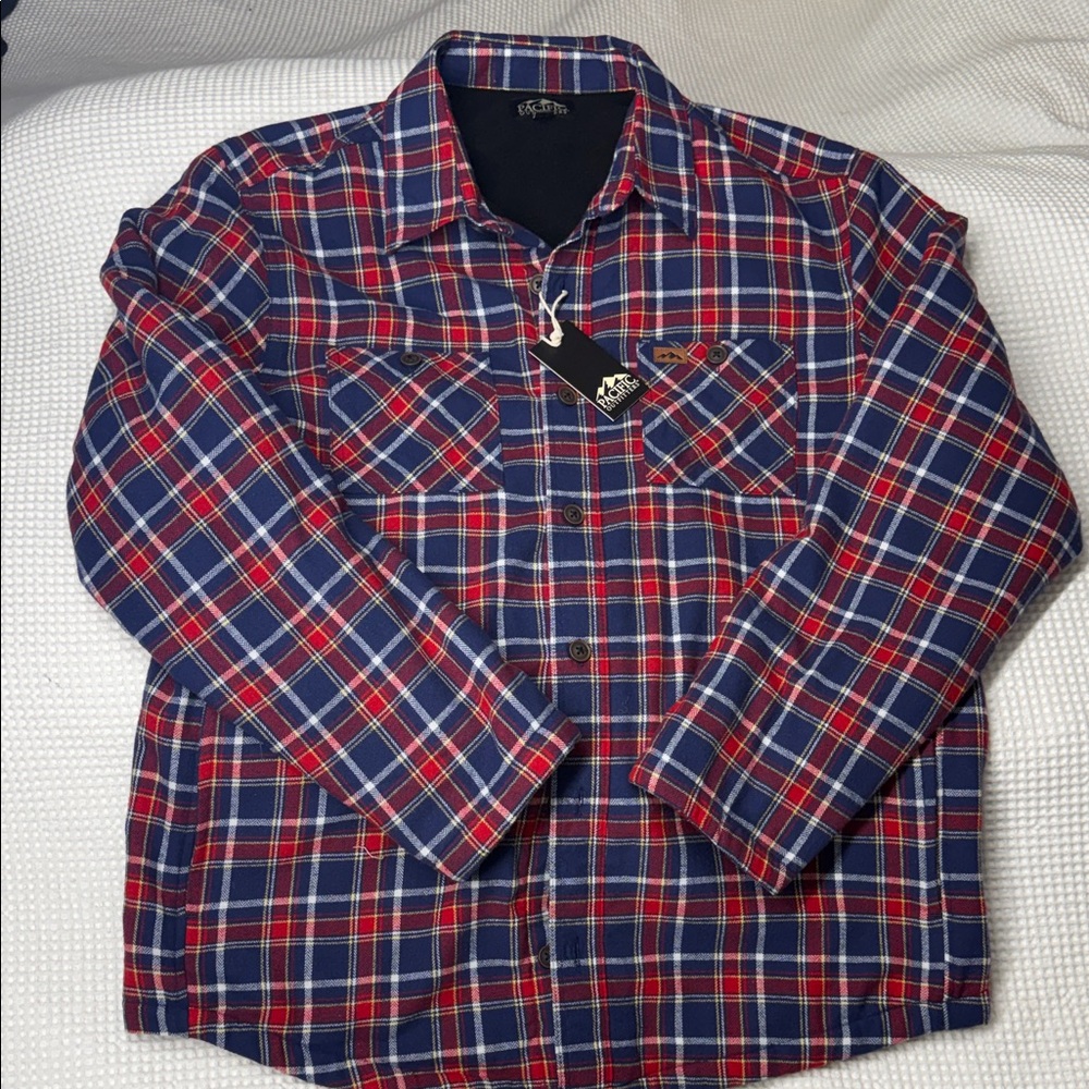 Pacific Outfitters Red & Blue Plaid Button-Up Fleece Lined Shirt - Large